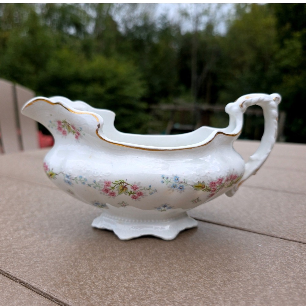 Antique J&G Meakin Hanley England Floral Ironstone Gravy Boat Gold 1890-1910